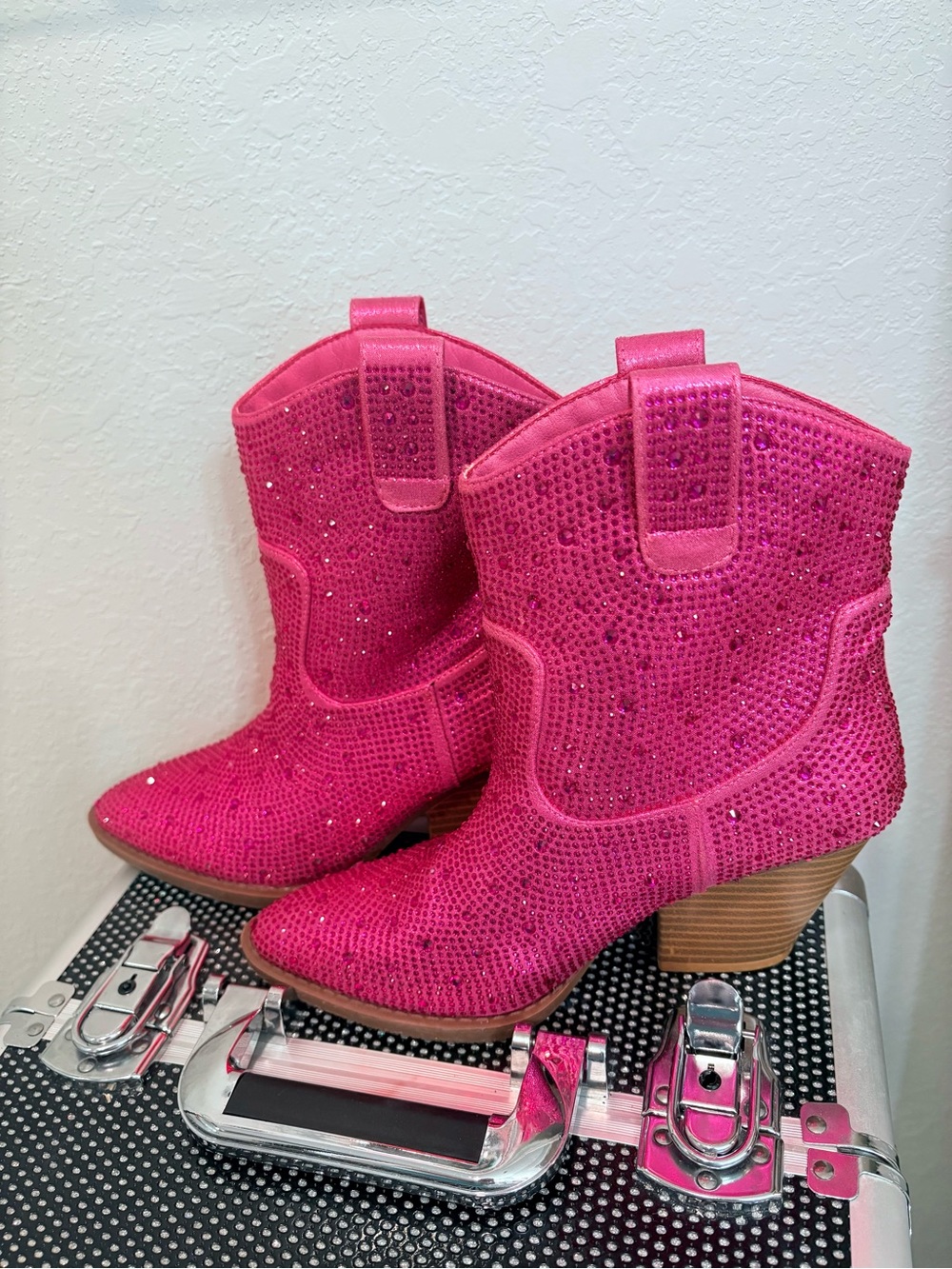 Hot Pink Sequin Western Ankle Boots for Women